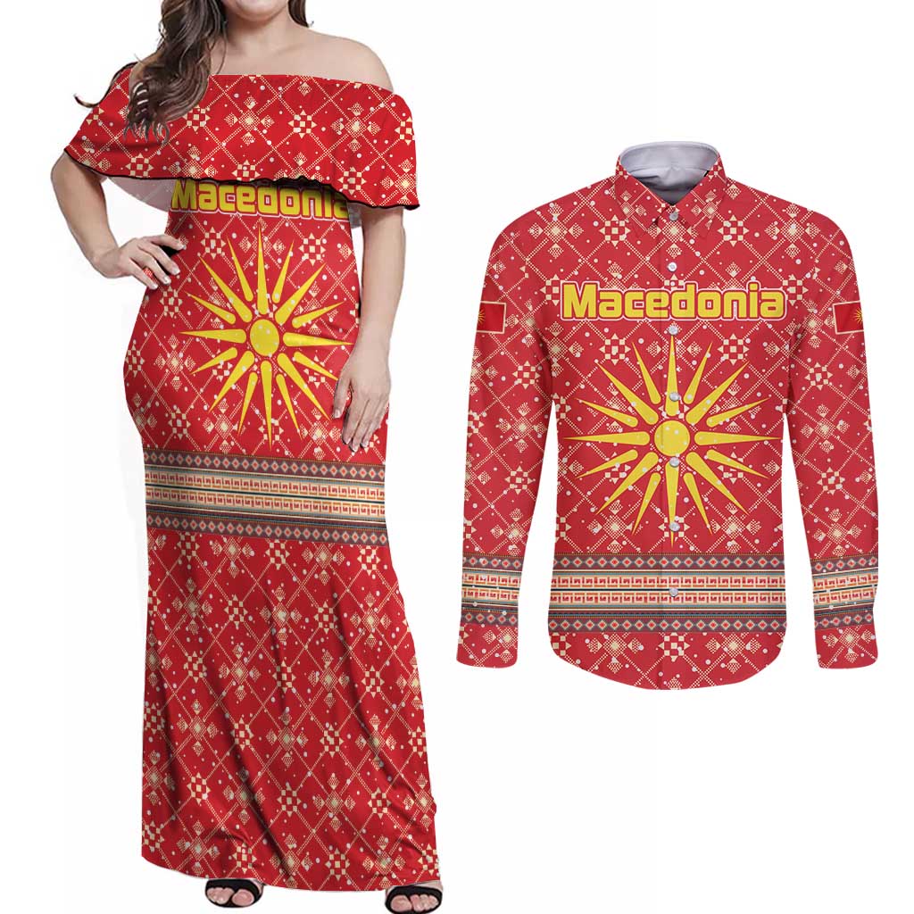Macedonia Christmas Couples Matching Off Shoulder Maxi Dress and Long Sleeve Button Shirt with Traditional Santa and Yellow Sun Motif - Wonder Print Shop
