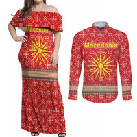 Macedonia Christmas Couples Matching Off Shoulder Maxi Dress and Long Sleeve Button Shirt with Traditional Santa and Yellow Sun Motif - Wonder Print Shop