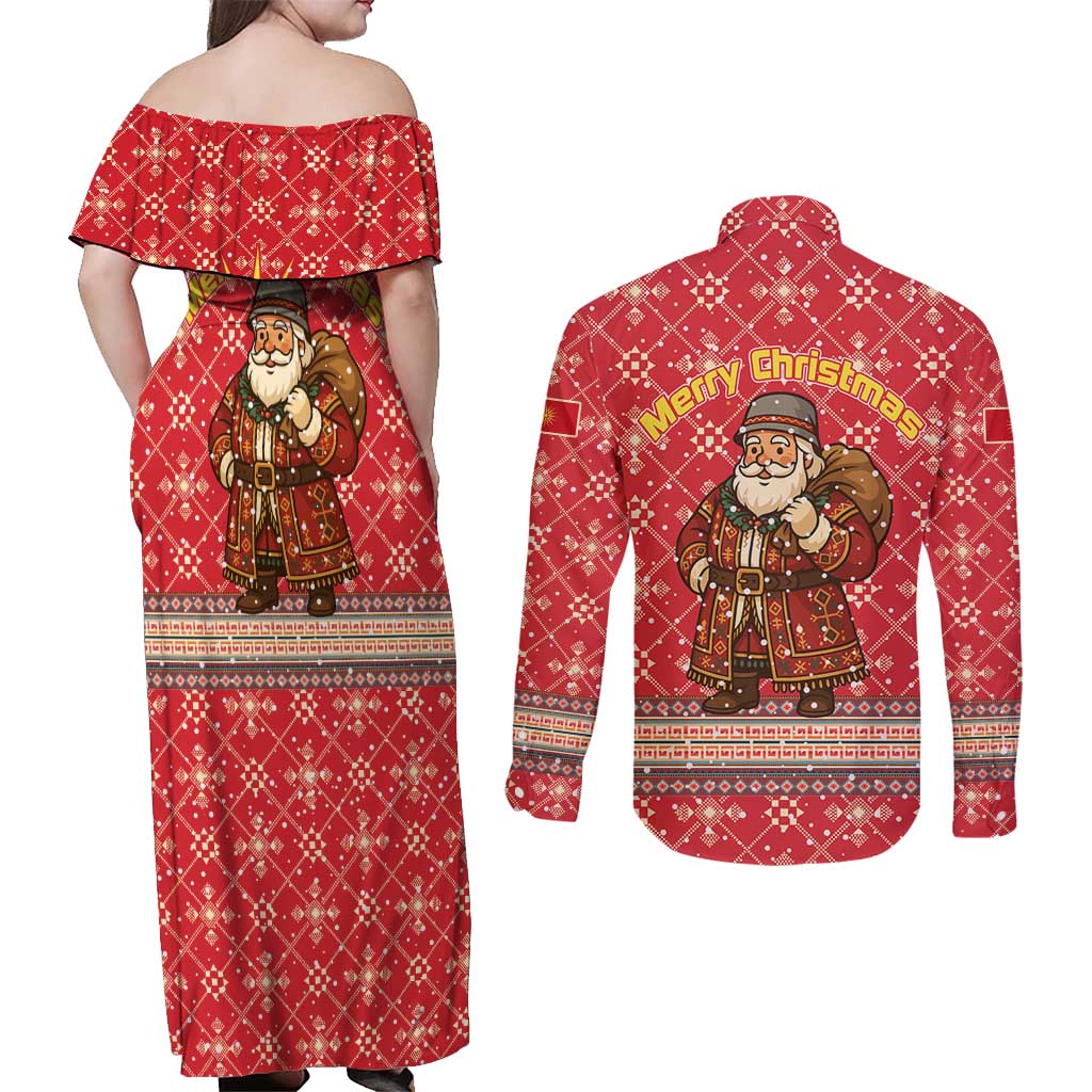 Macedonia Christmas Couples Matching Off Shoulder Maxi Dress and Long Sleeve Button Shirt with Traditional Santa and Yellow Sun Motif - Wonder Print Shop