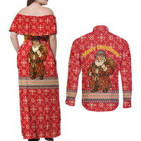 Macedonia Christmas Couples Matching Off Shoulder Maxi Dress and Long Sleeve Button Shirt with Traditional Santa and Yellow Sun Motif - Wonder Print Shop
