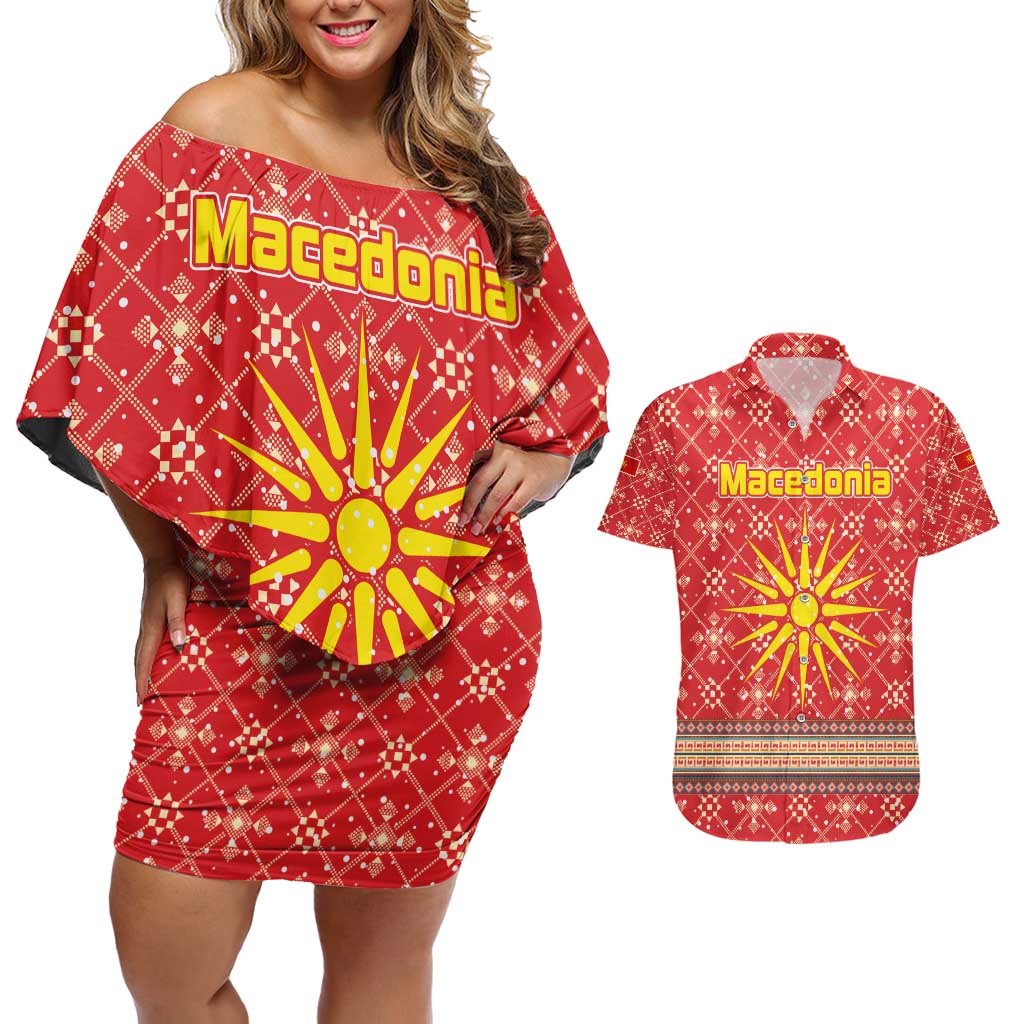 Macedonia Christmas Couples Matching Off Shoulder Short Dress and Hawaiian Shirt with Traditional Santa and Yellow Sun Motif - Wonder Print Shop