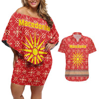 Macedonia Christmas Couples Matching Off Shoulder Short Dress and Hawaiian Shirt with Traditional Santa and Yellow Sun Motif - Wonder Print Shop
