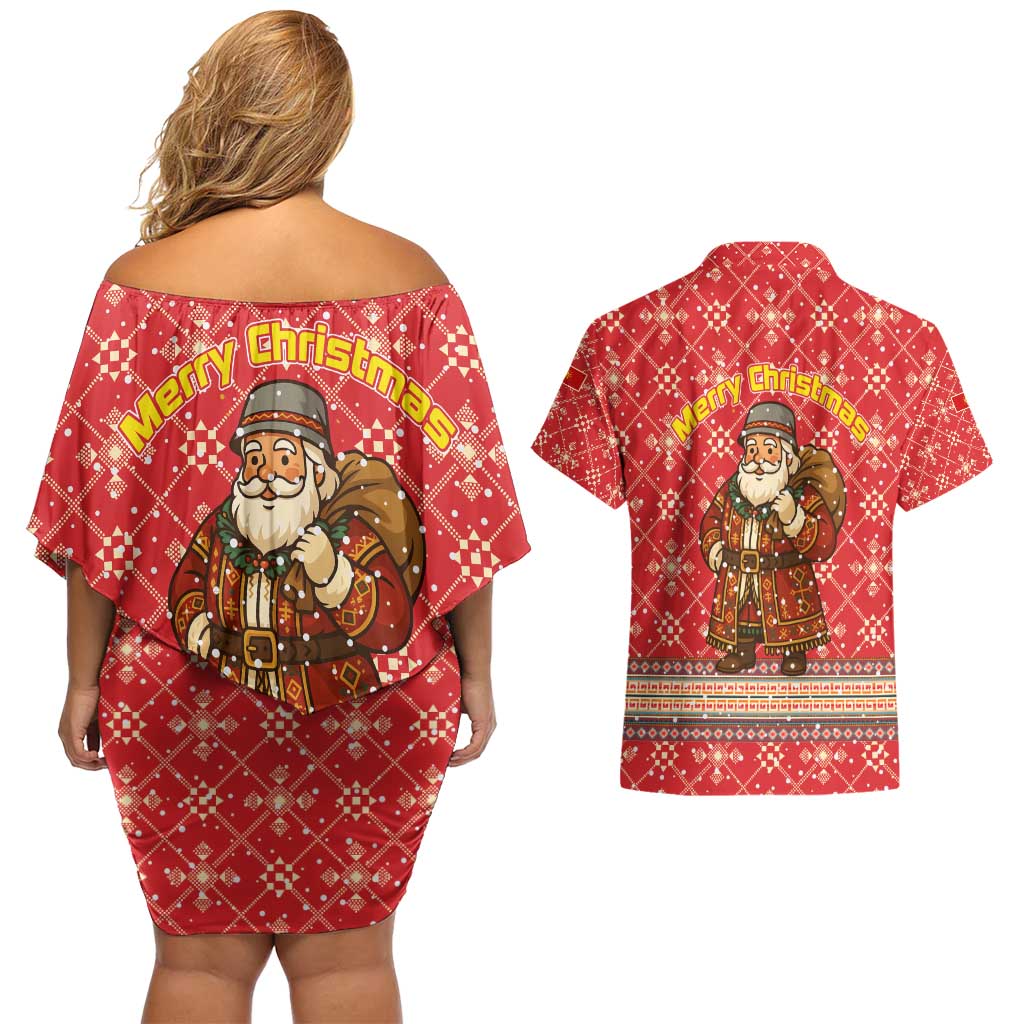 Macedonia Christmas Couples Matching Off Shoulder Short Dress and Hawaiian Shirt with Traditional Santa and Yellow Sun Motif - Wonder Print Shop