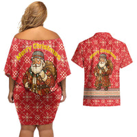 Macedonia Christmas Couples Matching Off Shoulder Short Dress and Hawaiian Shirt with Traditional Santa and Yellow Sun Motif - Wonder Print Shop