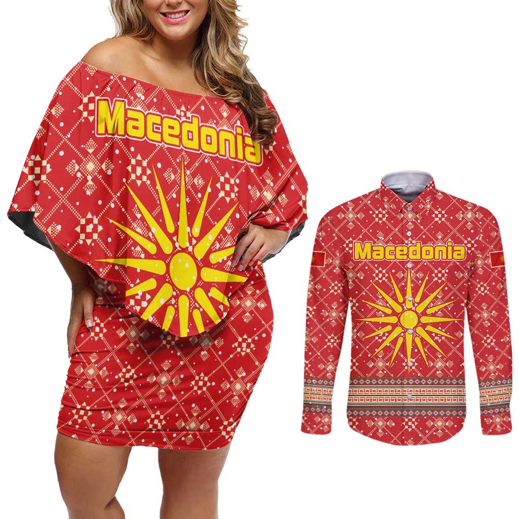 Macedonia Christmas Couples Matching Off Shoulder Short Dress and Long Sleeve Button Shirt with Traditional Santa and Yellow Sun Motif - Wonder Print Shop