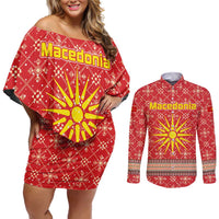 Macedonia Christmas Couples Matching Off Shoulder Short Dress and Long Sleeve Button Shirt with Traditional Santa and Yellow Sun Motif - Wonder Print Shop