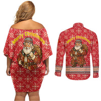 Macedonia Christmas Couples Matching Off Shoulder Short Dress and Long Sleeve Button Shirt with Traditional Santa and Yellow Sun Motif - Wonder Print Shop