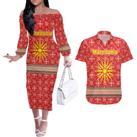 Macedonia Christmas Couples Matching Off The Shoulder Long Sleeve Dress and Hawaiian Shirt with Traditional Santa and Yellow Sun Motif - Wonder Print Shop