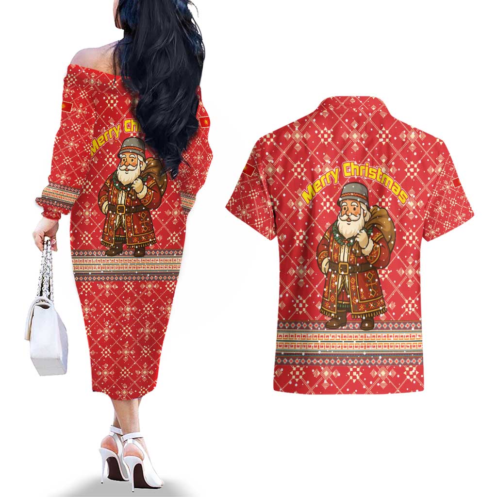 Macedonia Christmas Couples Matching Off The Shoulder Long Sleeve Dress and Hawaiian Shirt with Traditional Santa and Yellow Sun Motif - Wonder Print Shop