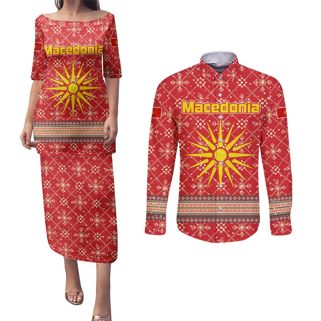 Macedonia Christmas Couples Matching Puletasi and Long Sleeve Button Shirt with Traditional Santa and Yellow Sun Motif - Wonder Print Shop