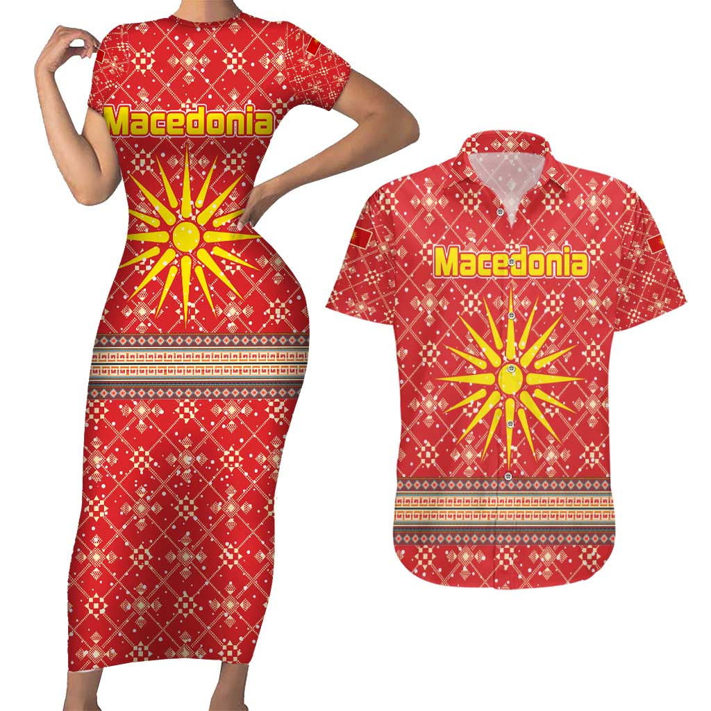 Macedonia Christmas Couples Matching Short Sleeve Bodycon Dress and Hawaiian Shirt with Traditional Santa and Yellow Sun Motif - Wonder Print Shop