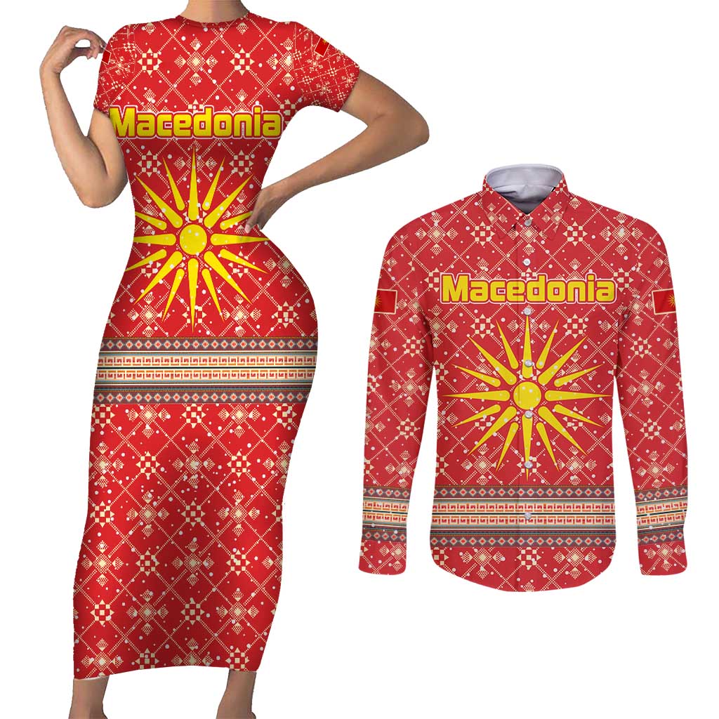Macedonia Christmas Couples Matching Short Sleeve Bodycon Dress and Long Sleeve Button Shirt with Traditional Santa and Yellow Sun Motif - Wonder Print Shop