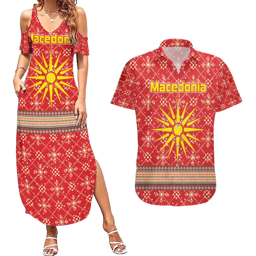 Macedonia Christmas Couples Matching Summer Maxi Dress and Hawaiian Shirt with Traditional Santa and Yellow Sun Motif - Wonder Print Shop