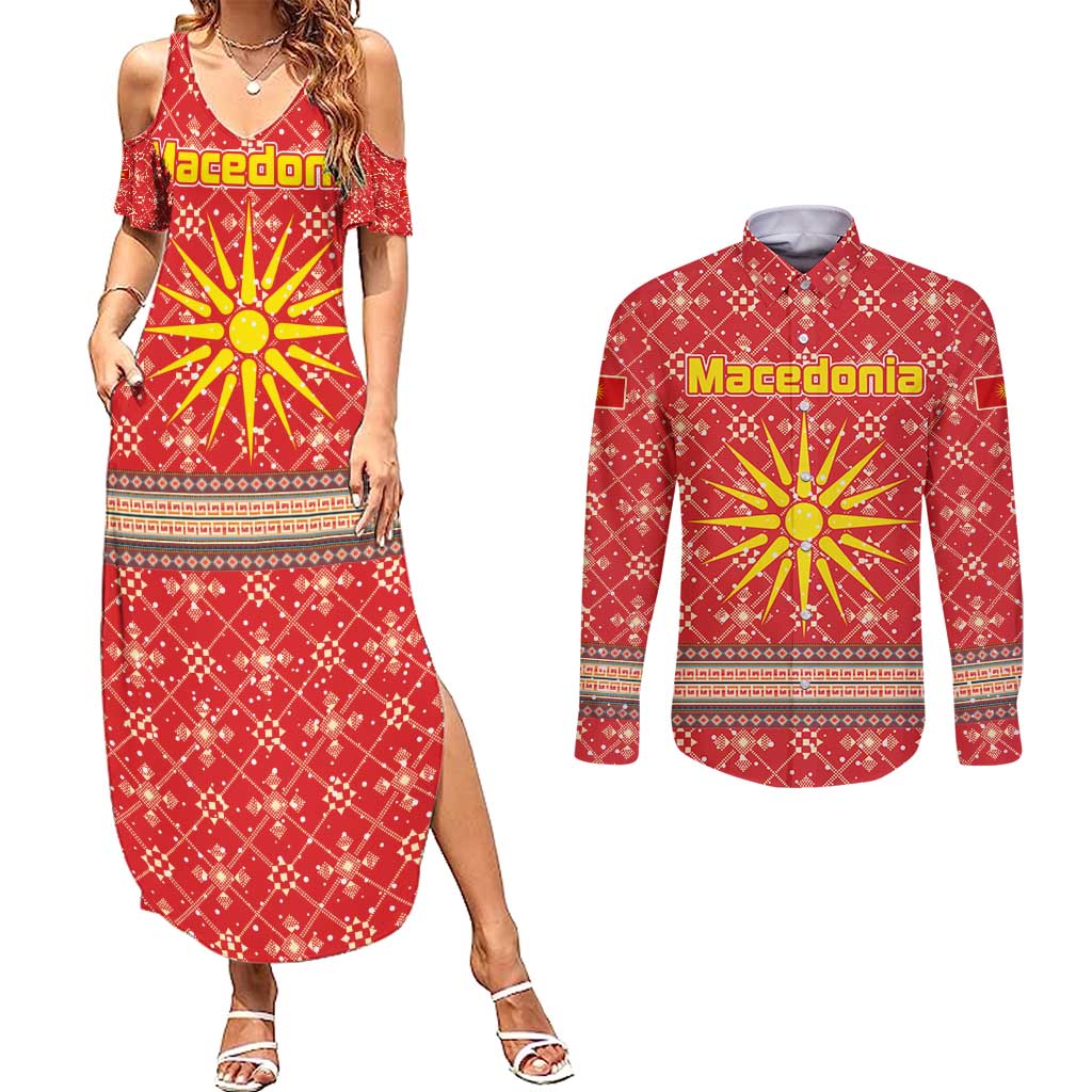 Macedonia Christmas Couples Matching Summer Maxi Dress and Long Sleeve Button Shirt with Traditional Santa and Yellow Sun Motif - Wonder Print Shop