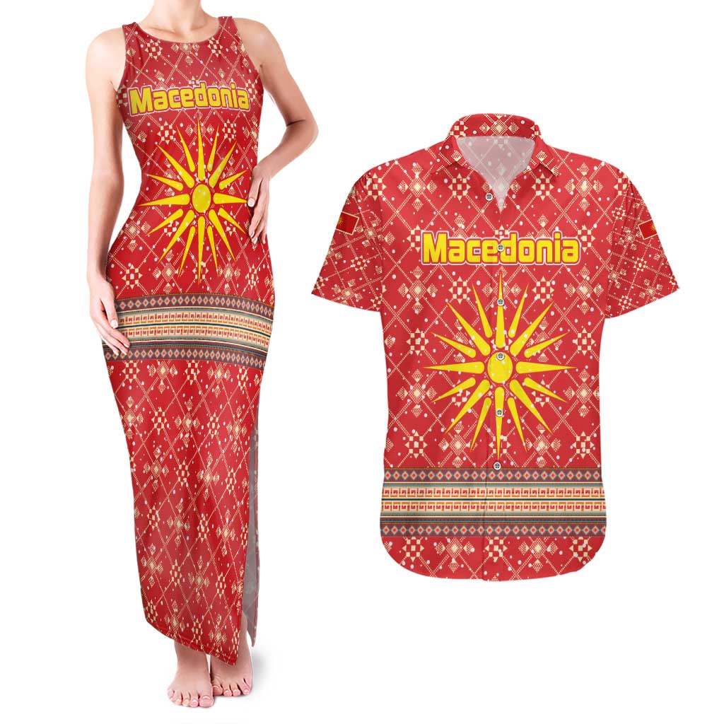 Macedonia Christmas Couples Matching Tank Maxi Dress and Hawaiian Shirt with Traditional Santa and Yellow Sun Motif - Wonder Print Shop