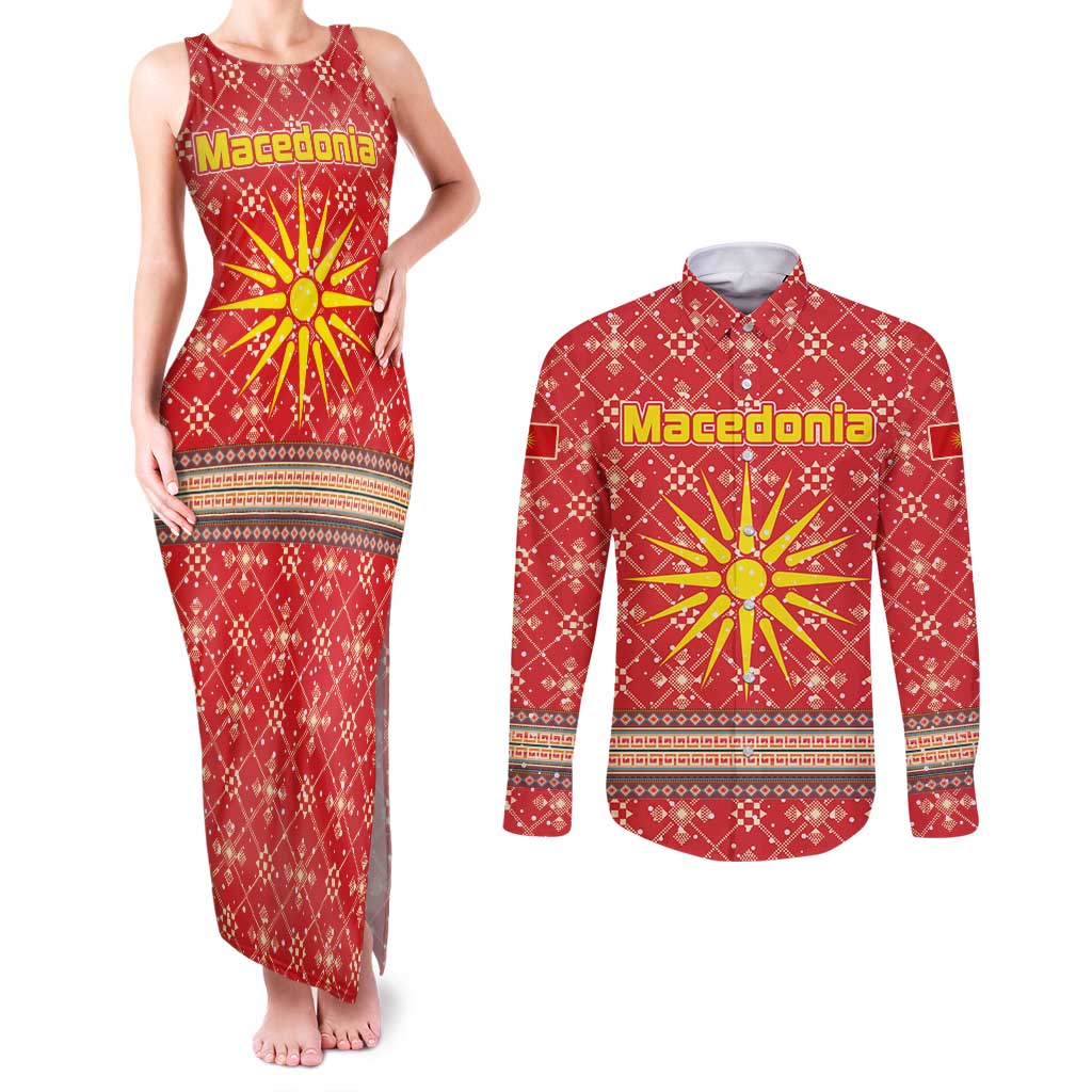 Macedonia Christmas Couples Matching Tank Maxi Dress and Long Sleeve Button Shirt with Traditional Santa and Yellow Sun Motif - Wonder Print Shop
