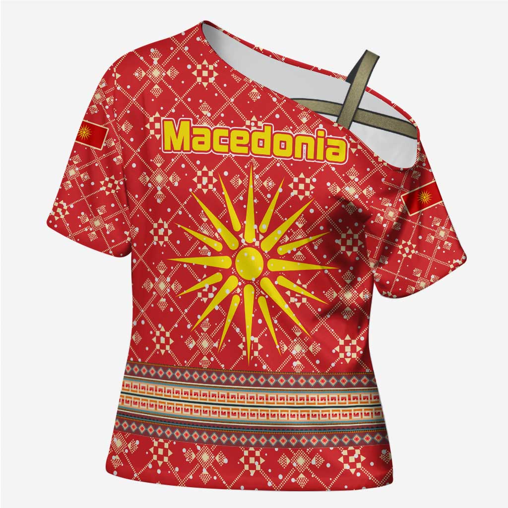 Macedonia Christmas Cross Shoulder Shirt with Traditional Santa and Yellow Sun Motif - Wonder Print Shop