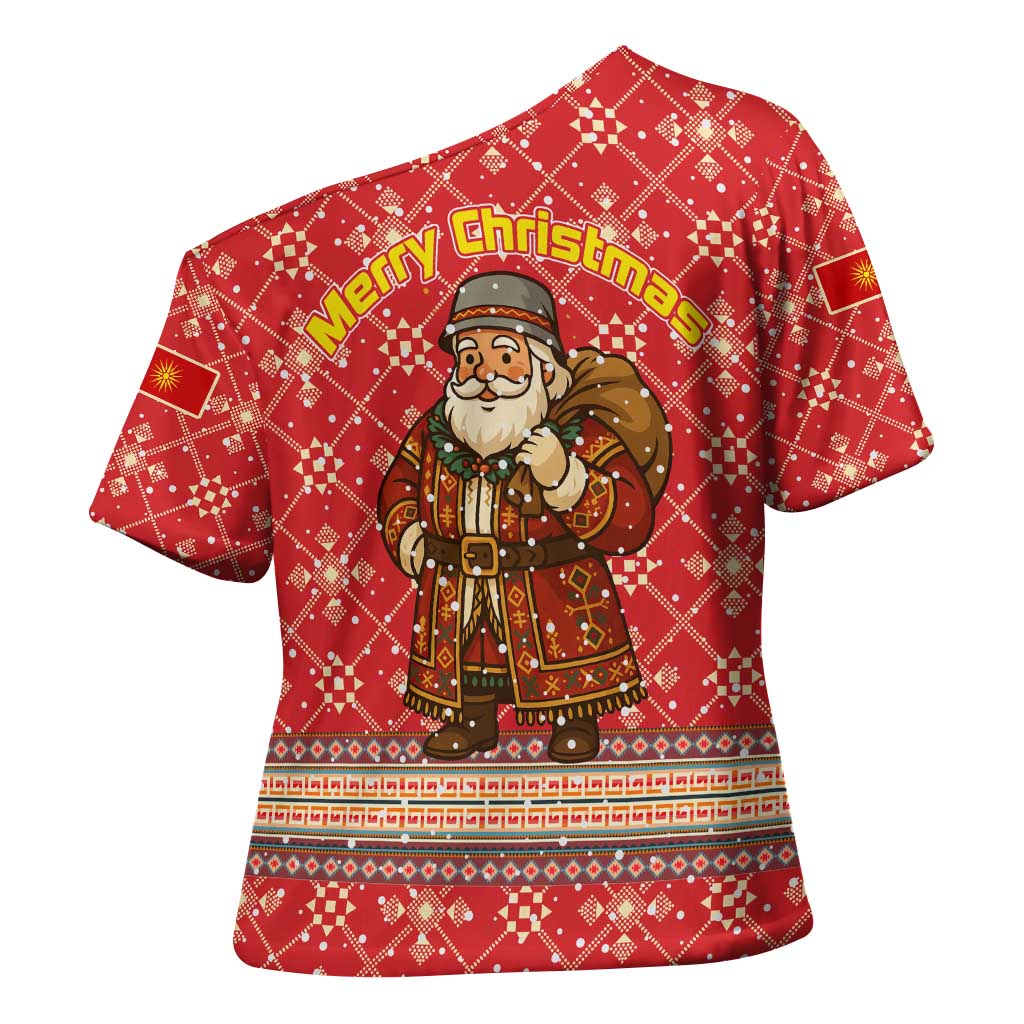 Macedonia Christmas Cross Shoulder Shirt with Traditional Santa and Yellow Sun Motif - Wonder Print Shop