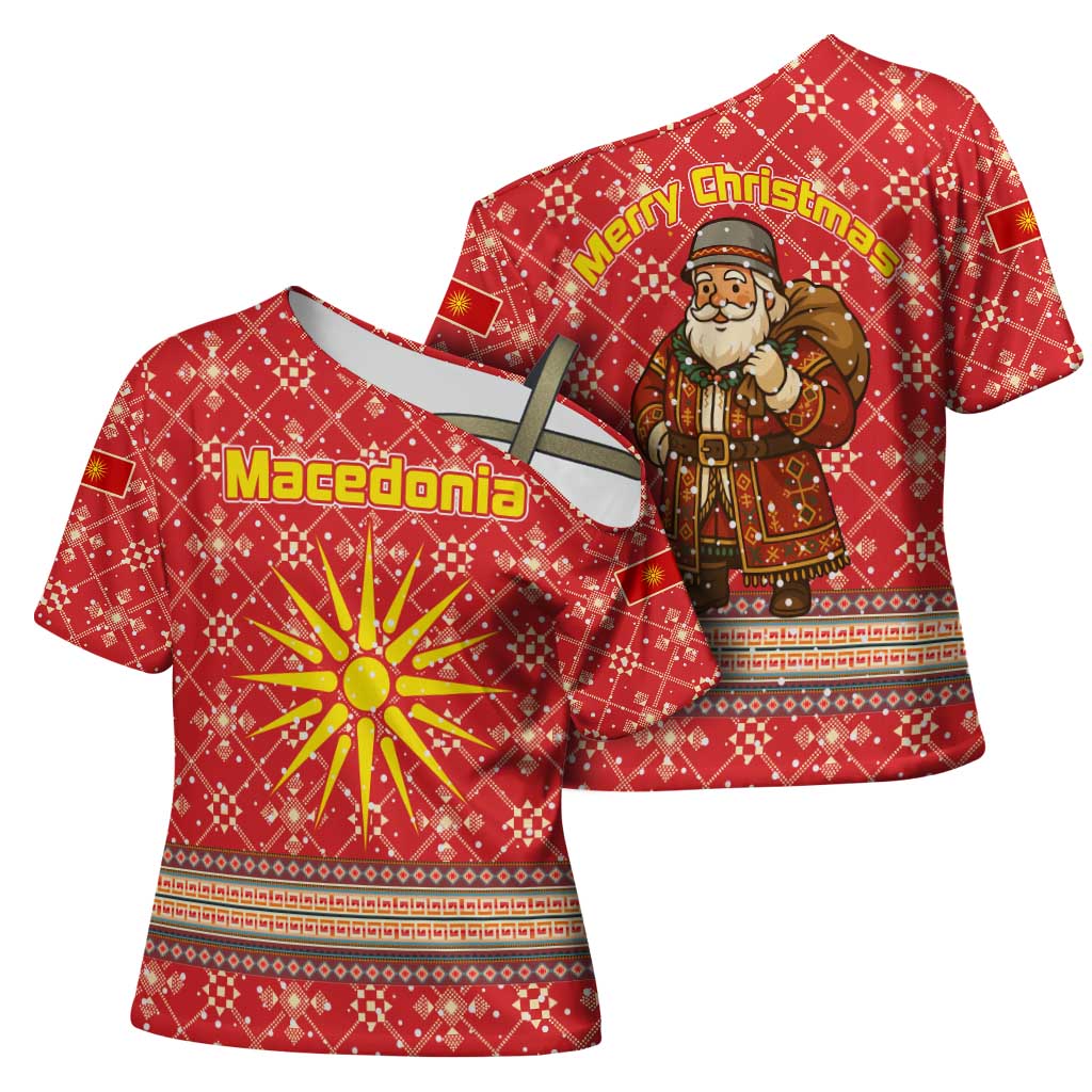 Macedonia Christmas Cross Shoulder Shirt with Traditional Santa and Yellow Sun Motif - Wonder Print Shop