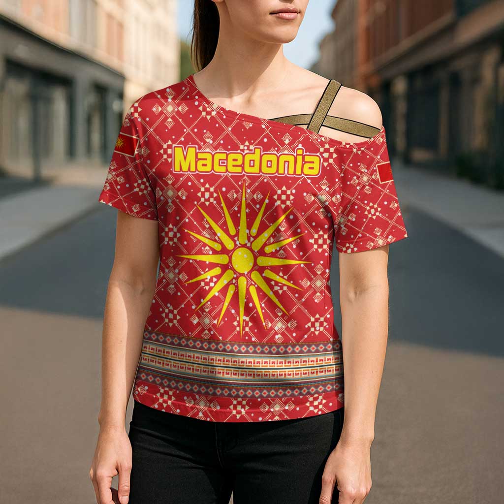 Macedonia Christmas Cross Shoulder Shirt with Traditional Santa and Yellow Sun Motif - Wonder Print Shop