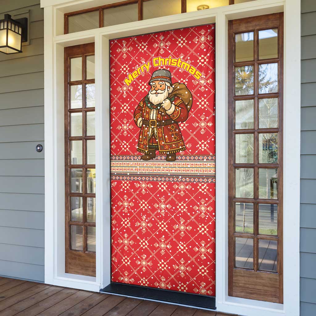 Macedonia Christmas Door Cover with Traditional Santa and Yellow Sun Motif - Wonder Print Shop