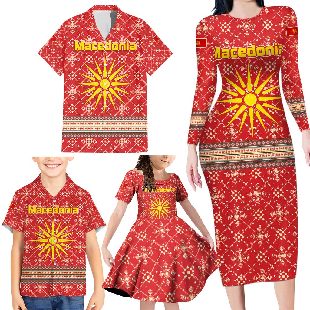 Macedonia Christmas Family Matching Long Sleeve Bodycon Dress and Hawaiian Shirt with Traditional Santa and Yellow Sun Motif - Wonder Print Shop