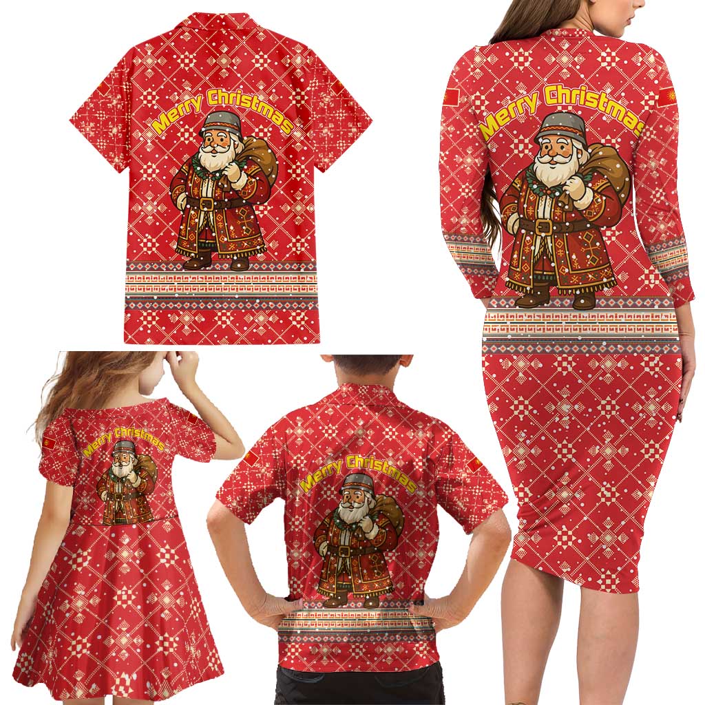 Macedonia Christmas Family Matching Long Sleeve Bodycon Dress and Hawaiian Shirt with Traditional Santa and Yellow Sun Motif - Wonder Print Shop
