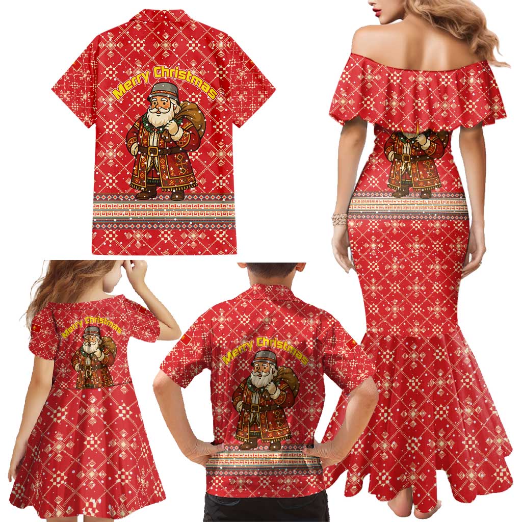 Macedonia Christmas Family Matching Mermaid Dress and Hawaiian Shirt with Traditional Santa and Yellow Sun Motif - Wonder Print Shop
