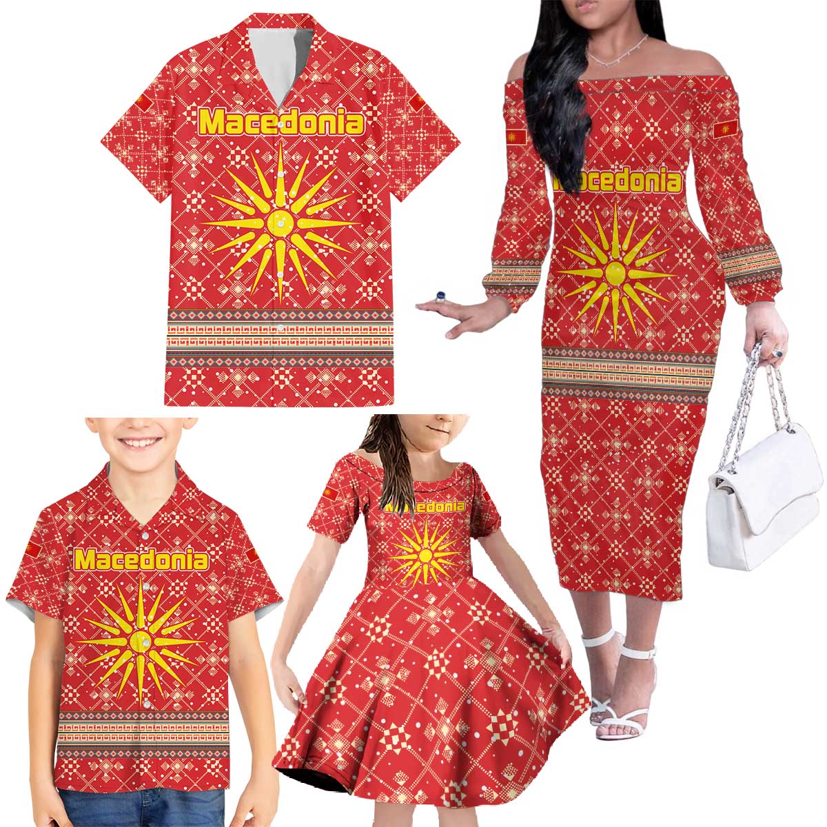 Macedonia Christmas Family Matching Off The Shoulder Long Sleeve Dress and Hawaiian Shirt with Traditional Santa and Yellow Sun Motif - Wonder Print Shop