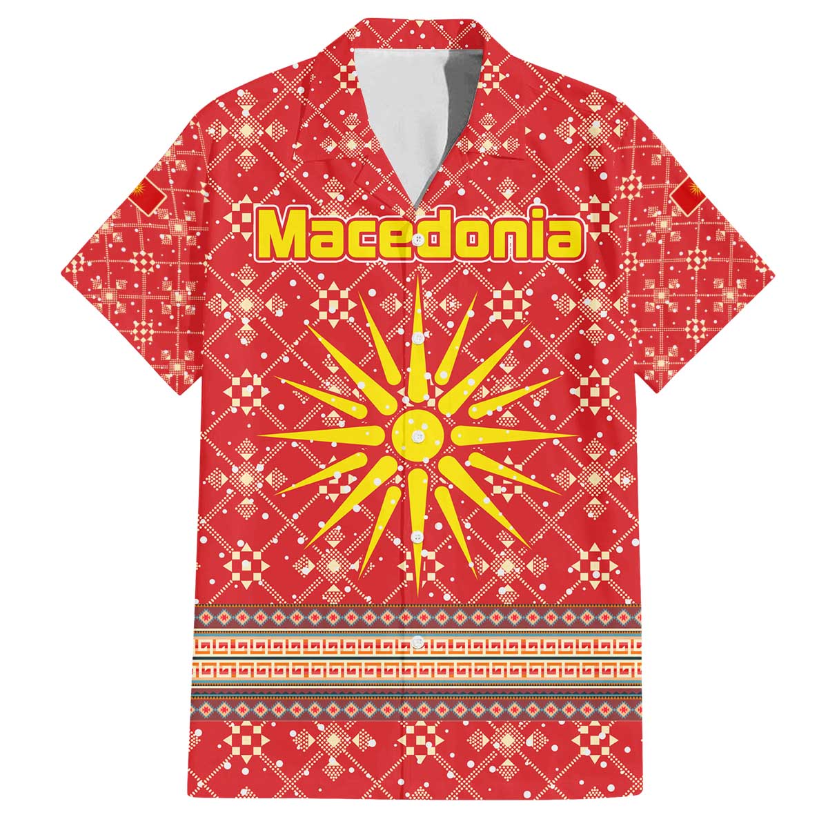 Macedonia Christmas Family Matching Off The Shoulder Long Sleeve Dress and Hawaiian Shirt with Traditional Santa and Yellow Sun Motif - Wonder Print Shop