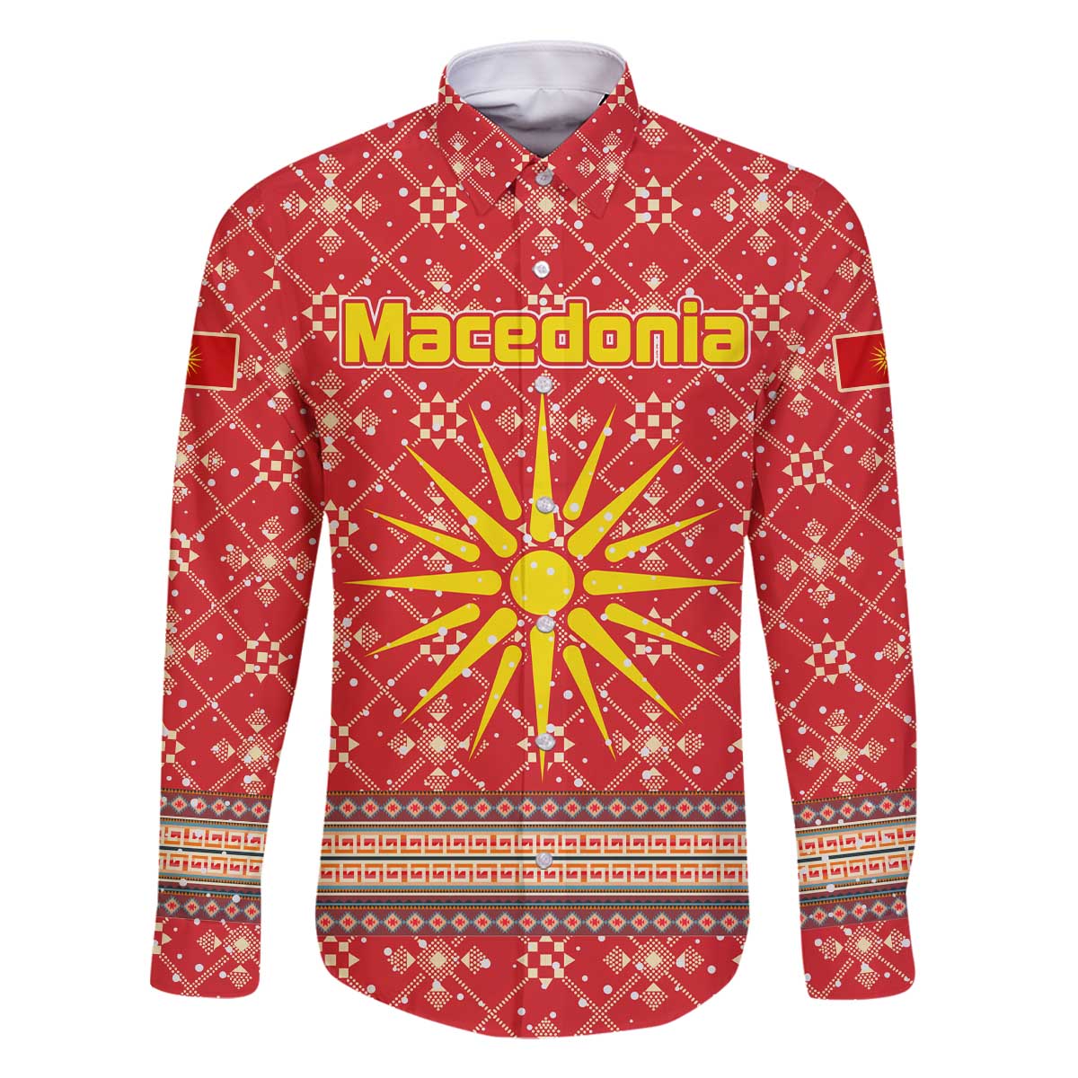 Macedonia Christmas Family Matching Off The Shoulder Long Sleeve Dress and Hawaiian Shirt with Traditional Santa and Yellow Sun Motif - Wonder Print Shop