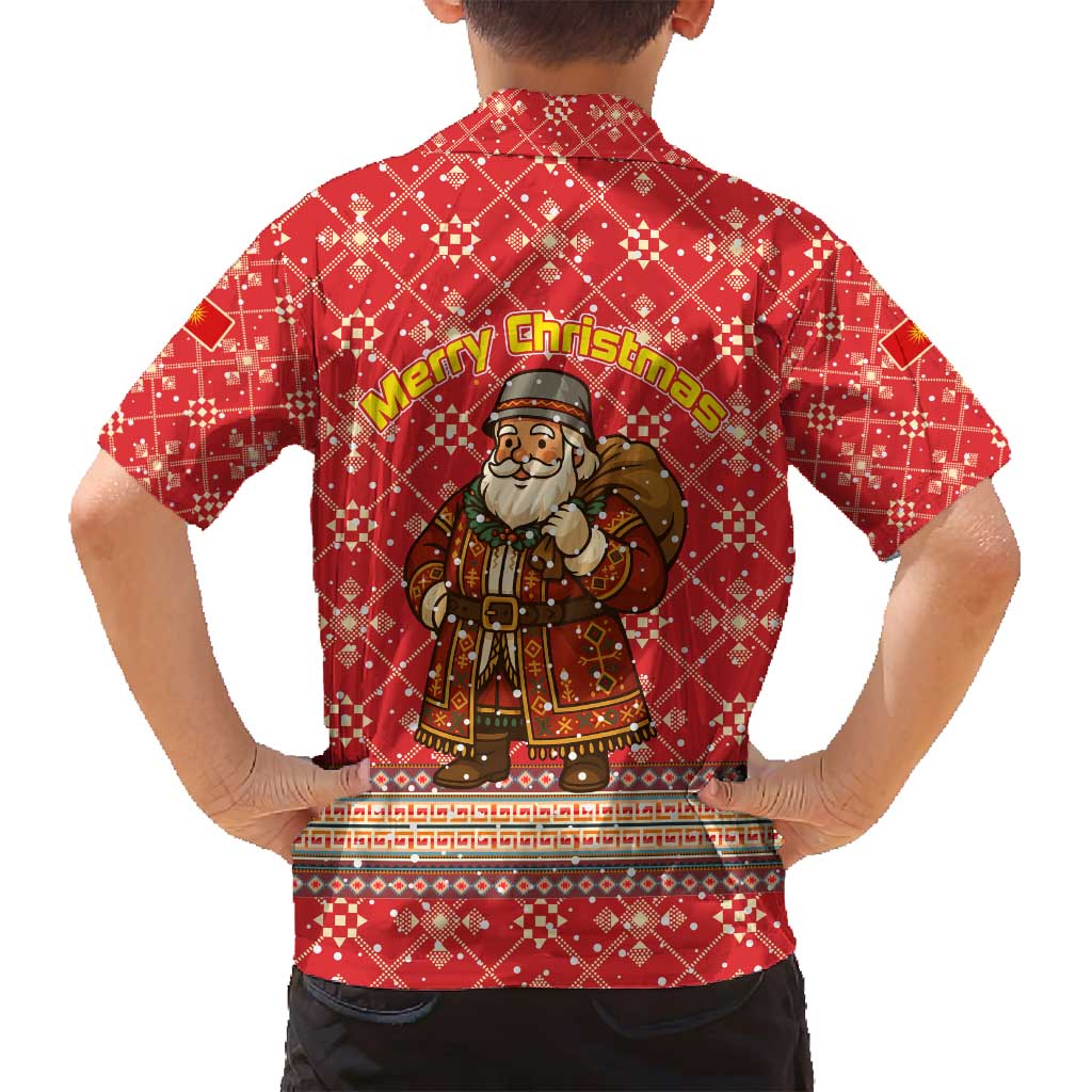 Macedonia Christmas Family Matching Off Shoulder Maxi Dress and Hawaiian Shirt with Traditional Santa and Yellow Sun Motif - Wonder Print Shop