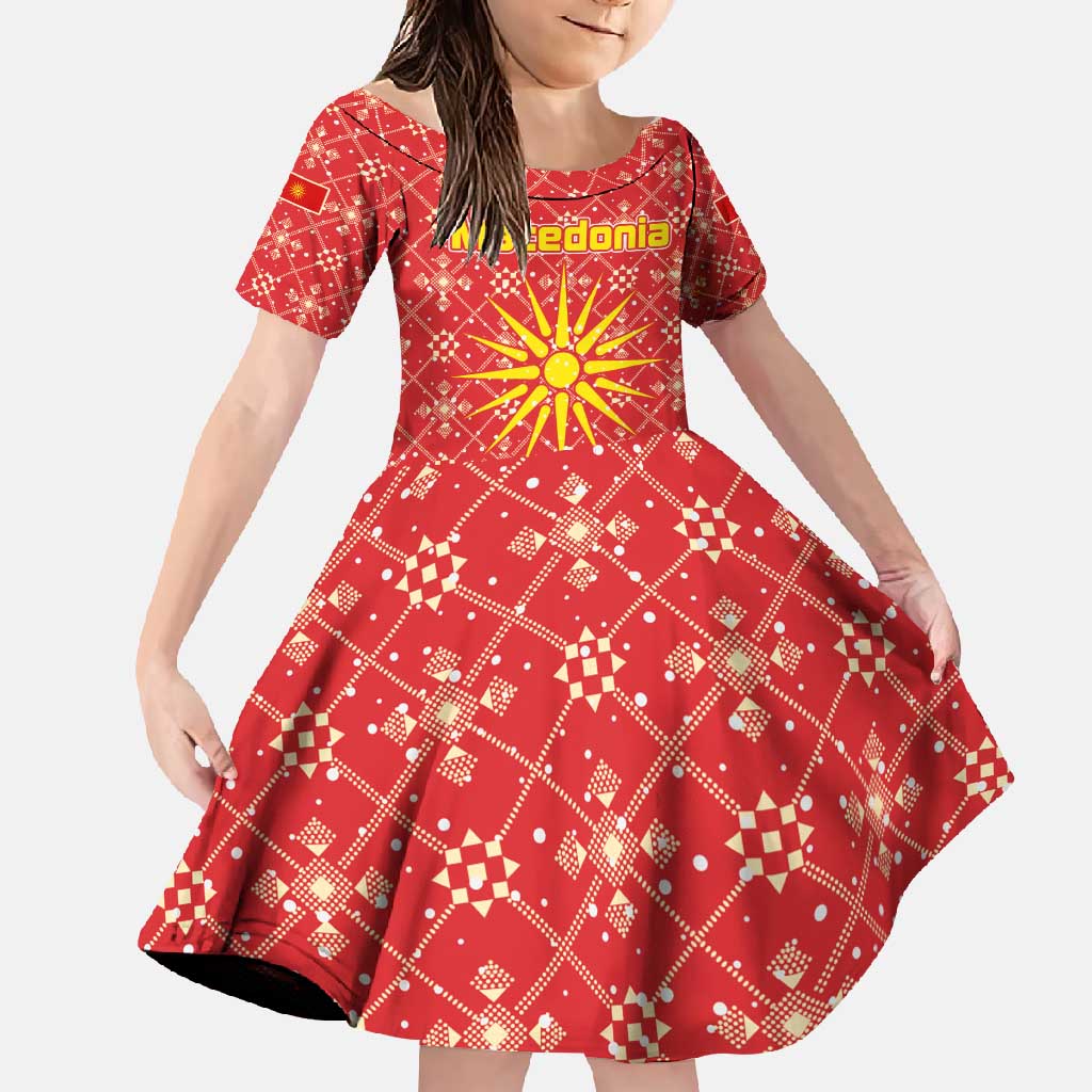 Macedonia Christmas Family Matching Off Shoulder Maxi Dress and Hawaiian Shirt with Traditional Santa and Yellow Sun Motif - Wonder Print Shop