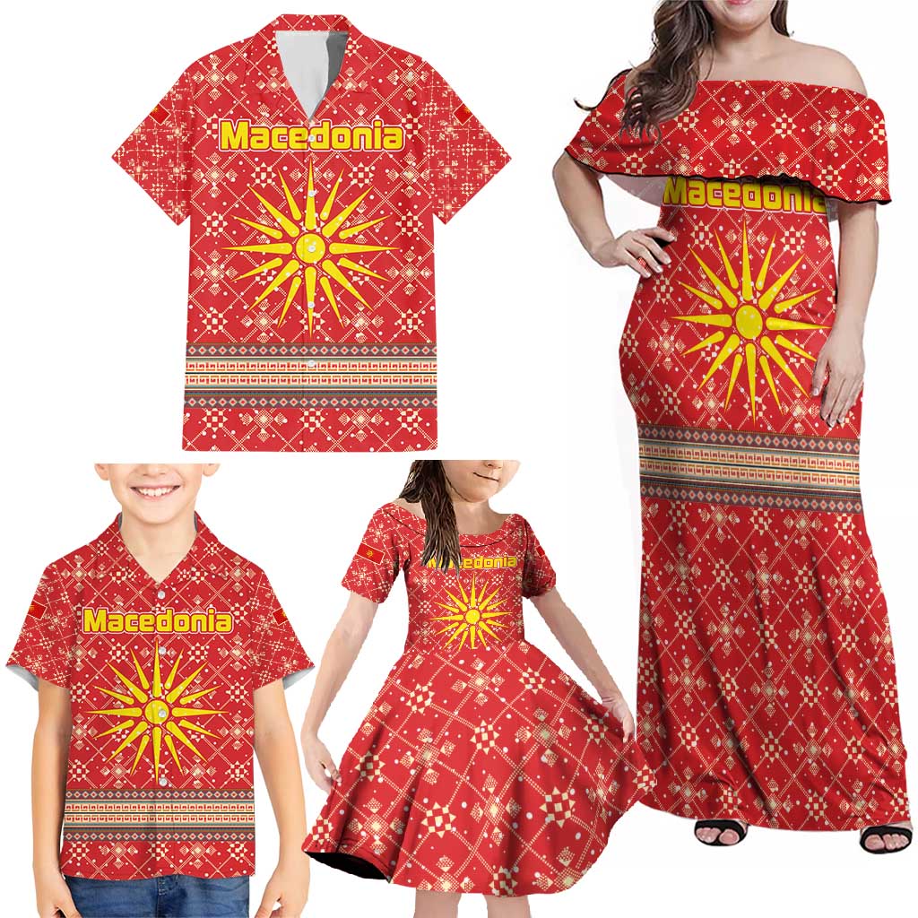 Macedonia Christmas Family Matching Off Shoulder Maxi Dress and Hawaiian Shirt with Traditional Santa and Yellow Sun Motif - Wonder Print Shop