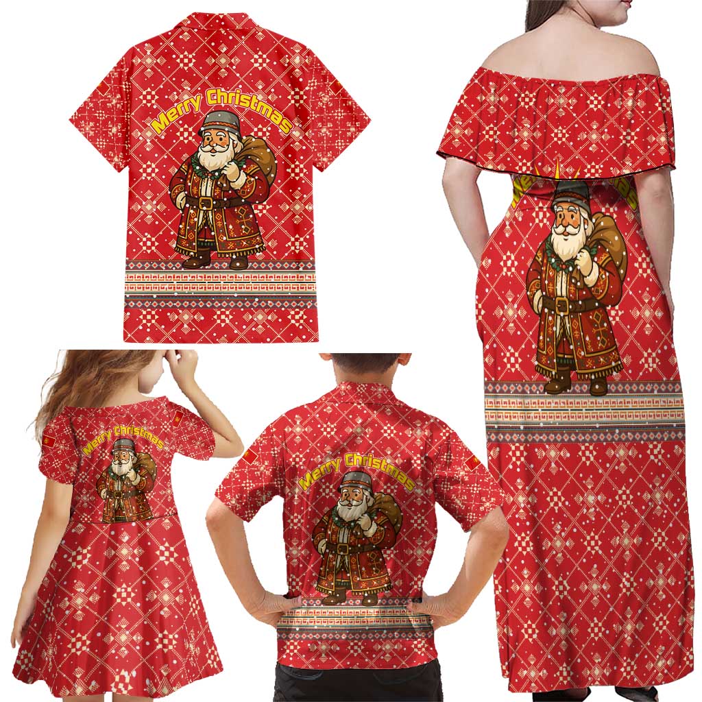 Macedonia Christmas Family Matching Off Shoulder Maxi Dress and Hawaiian Shirt with Traditional Santa and Yellow Sun Motif - Wonder Print Shop