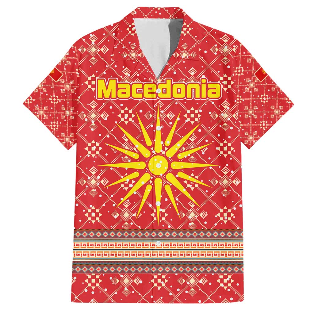 Macedonia Christmas Family Matching Off Shoulder Maxi Dress and Hawaiian Shirt with Traditional Santa and Yellow Sun Motif - Wonder Print Shop