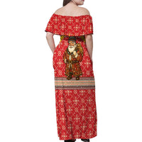 Macedonia Christmas Family Matching Off Shoulder Maxi Dress and Hawaiian Shirt with Traditional Santa and Yellow Sun Motif - Wonder Print Shop