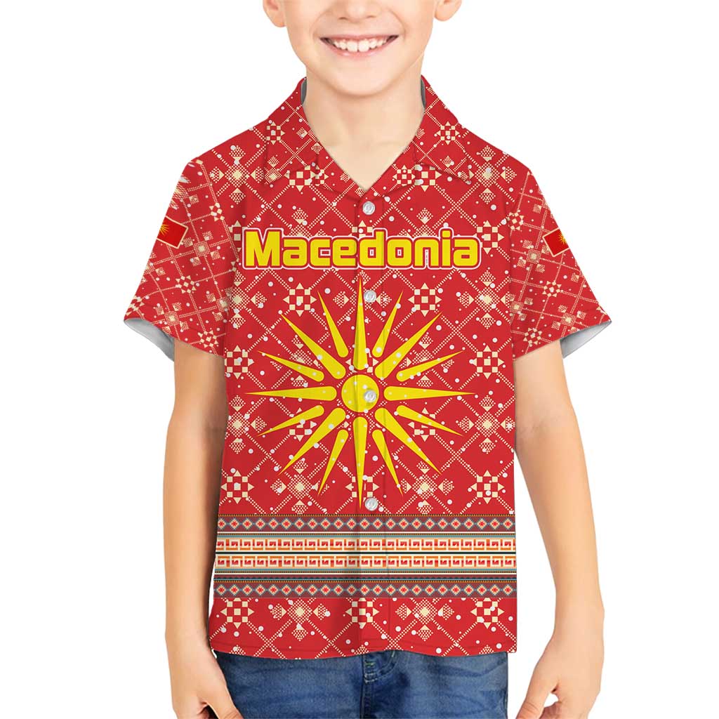 Macedonia Christmas Family Matching Off Shoulder Maxi Dress and Hawaiian Shirt with Traditional Santa and Yellow Sun Motif - Wonder Print Shop