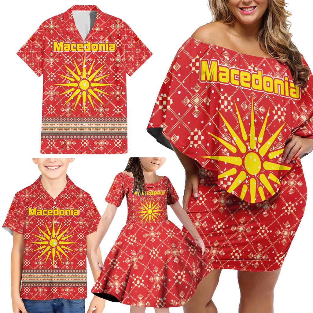 Macedonia Christmas Family Matching Off Shoulder Short Dress and Hawaiian Shirt with Traditional Santa and Yellow Sun Motif - Wonder Print Shop