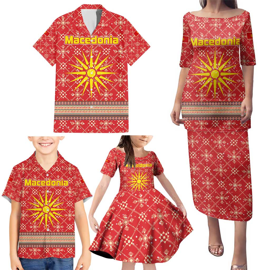 Macedonia Christmas Family Matching Puletasi and Hawaiian Shirt with Traditional Santa and Yellow Sun Motif - Wonder Print Shop