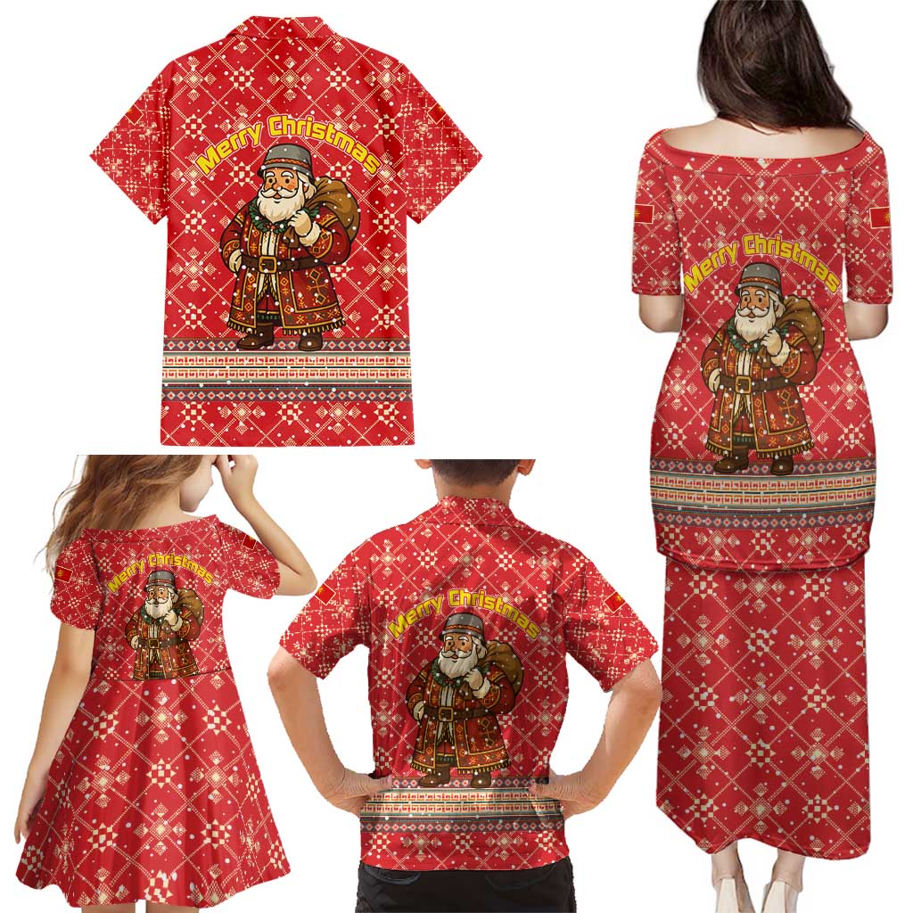 Macedonia Christmas Family Matching Puletasi and Hawaiian Shirt with Traditional Santa and Yellow Sun Motif - Wonder Print Shop