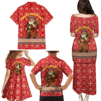 Macedonia Christmas Family Matching Puletasi and Hawaiian Shirt with Traditional Santa and Yellow Sun Motif - Wonder Print Shop