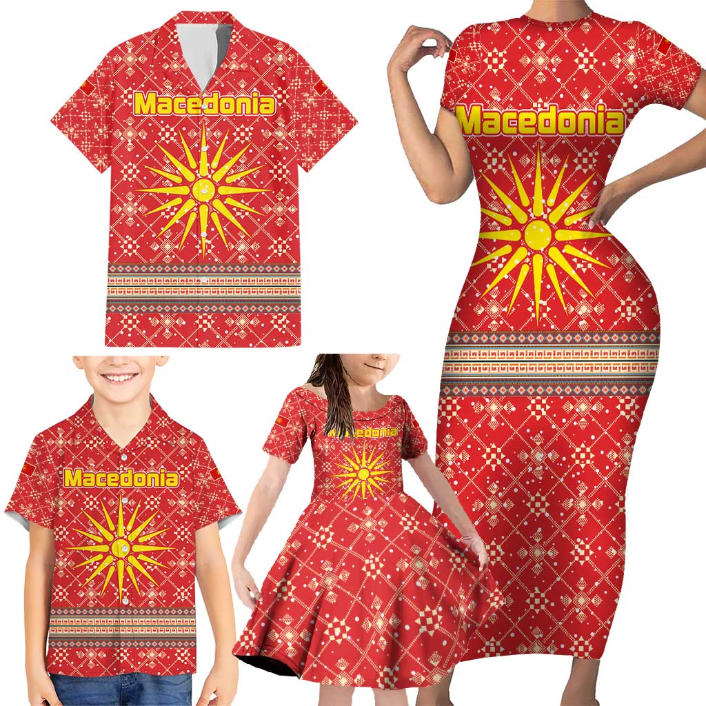 Macedonia Christmas Family Matching Short Sleeve Bodycon Dress and Hawaiian Shirt with Traditional Santa and Yellow Sun Motif - Wonder Print Shop