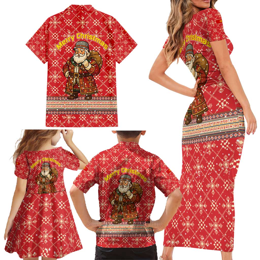 Macedonia Christmas Family Matching Short Sleeve Bodycon Dress and Hawaiian Shirt with Traditional Santa and Yellow Sun Motif - Wonder Print Shop