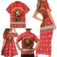 Macedonia Christmas Family Matching Short Sleeve Bodycon Dress and Hawaiian Shirt with Traditional Santa and Yellow Sun Motif - Wonder Print Shop