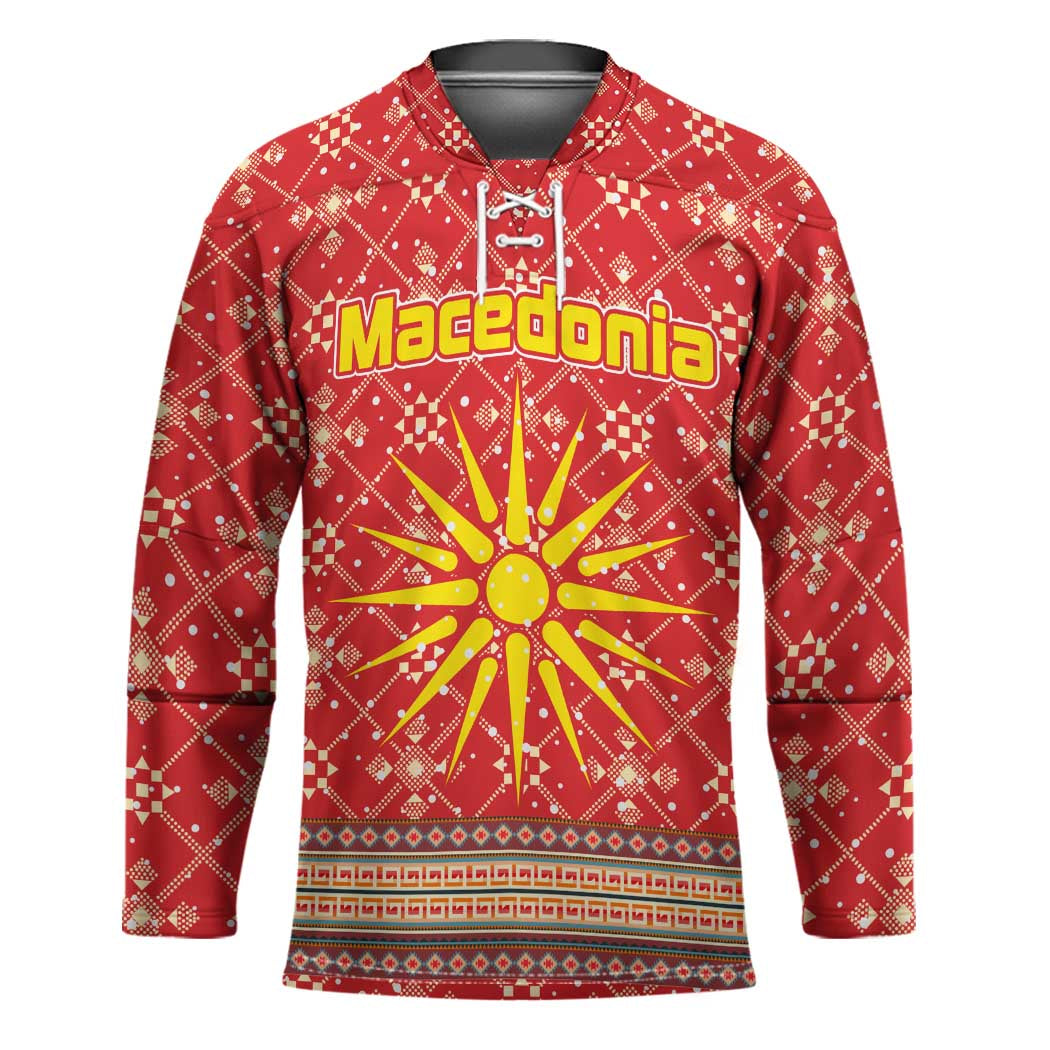 Macedonia Christmas Hockey Jersey with Traditional Santa and Yellow Sun Motif - Wonder Print Shop