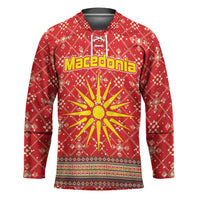 Macedonia Christmas Hockey Jersey with Traditional Santa and Yellow Sun Motif - Wonder Print Shop