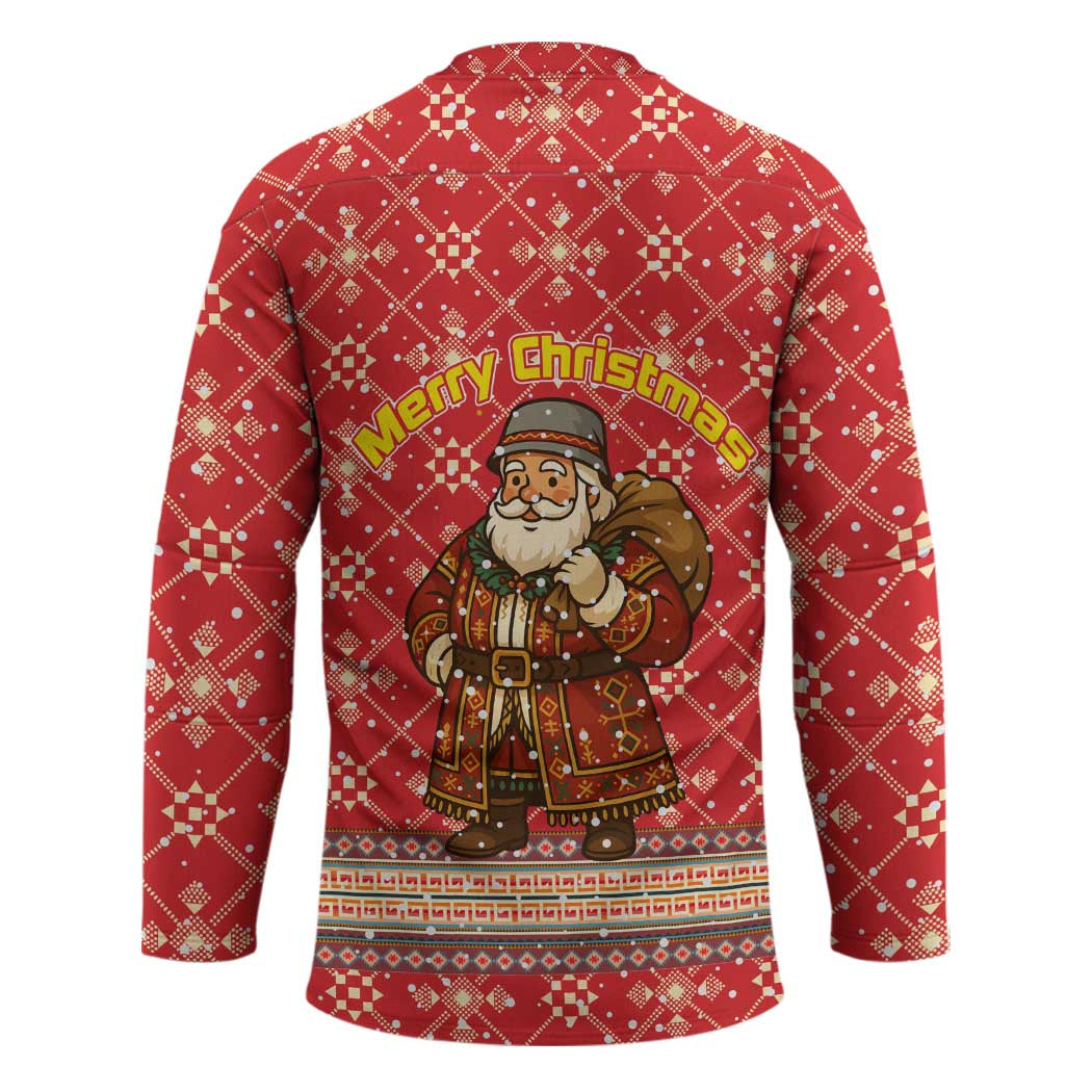 Macedonia Christmas Hockey Jersey with Traditional Santa and Yellow Sun Motif - Wonder Print Shop