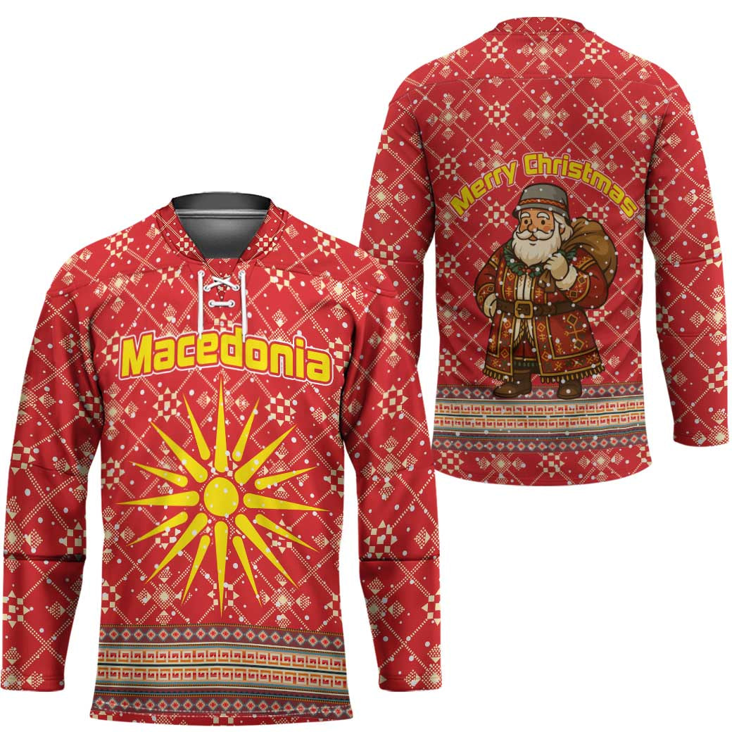 Macedonia Christmas Hockey Jersey with Traditional Santa and Yellow Sun Motif - Wonder Print Shop
