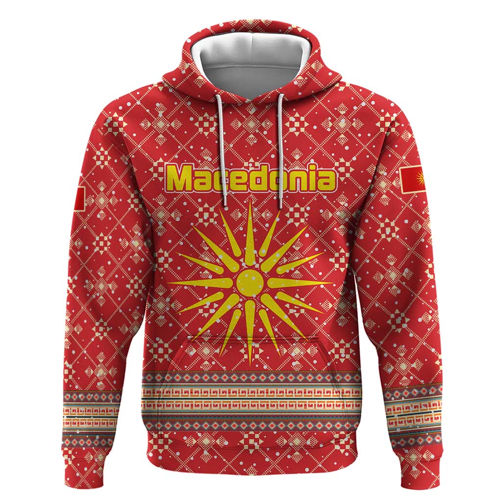 Macedonia Christmas Hoodie with Traditional Santa and Yellow Sun Motif - Wonder Print Shop